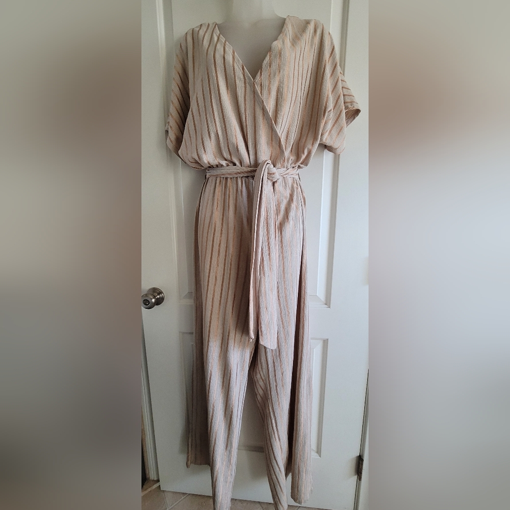 H&M Beige Striped Wide Leg Jumpsuit